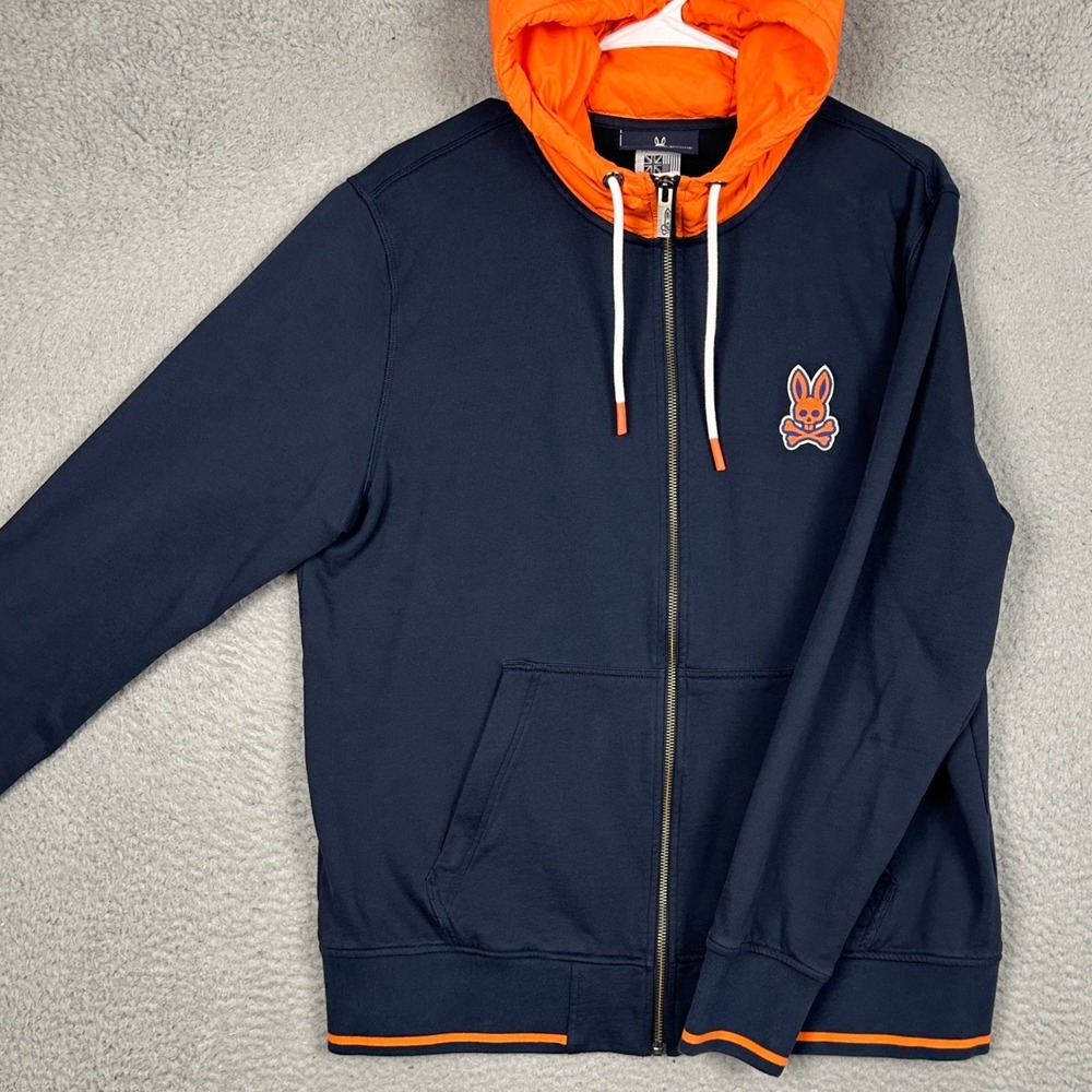 Psycho Bunny Hoodie Mens Large Full Zip Blue Orange Contrast Hood Drawstring EUC
